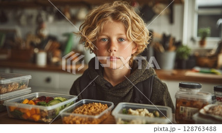 Portrait of a Blonde Curly Haired Boy with Blue Eyes Preparing His School Lunch 128763488