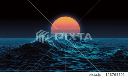 Experience the vibrant retro sunset over ocean waves in a stunning neon art style 128763501