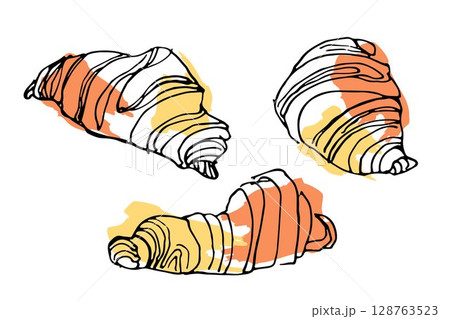 Outline linear croissants on bright colorful spots of orange and yellow on white background 128763523