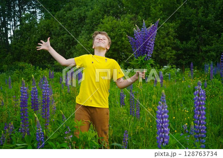 The scene shows a boy in yellow, happily exploring a colorful field of lupines. The scene shows a boy in yellow, happily exploring a colorful field of lupines. 128763734