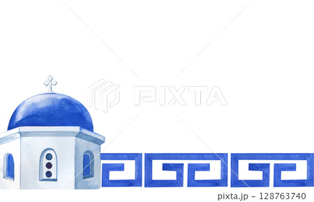 Horizontal watercolor frame in white and blue colors with a white stone temple of Greece and a stylized meander ornament. The landmark of Santorini is hand-drawn on a white background. A template with 128763740