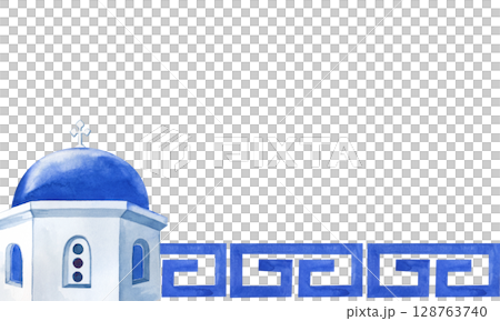 Horizontal watercolor frame in white and blue colors with a white stone temple of Greece and a stylized meander ornament. The landmark of Santorini is hand-drawn on a white background. A template with Horizontal watercolor frame in white and blue colors with a white stone temple of Greece and a stylized meander ornament. The landmark of Santorini is hand-drawn on a white background. A template with 128763740
