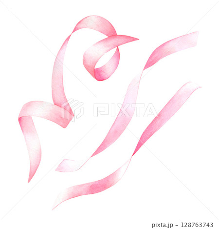 Set of pink satin ribbons. Hand drawn watercolor illustration isolated on white background. Suitable for design, invitations, congratulations. Set of pink satin ribbons. Hand drawn watercolor illustration isolated on white background. Suitable for design, invitations, congratulations. 128763743