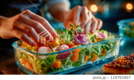 Hands of a woman delicately sprinkle seasoning over a vibrant green salad with cherry tomatoes and croutons in a cozy kitchen setting Hands of a woman delicately sprinkle seasoning over a vibrant green salad with cherry tomatoes and croutons in a cozy kitchen setting 128763807