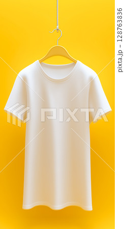 無地Tシャツのシンプルモックアップ、ビビッドイエローに映える白Tシャツ 128763836