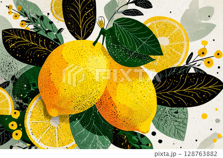 ボタニカルレモンのイラスト壁紙、すっきり爽やかレモンパターン 128763882