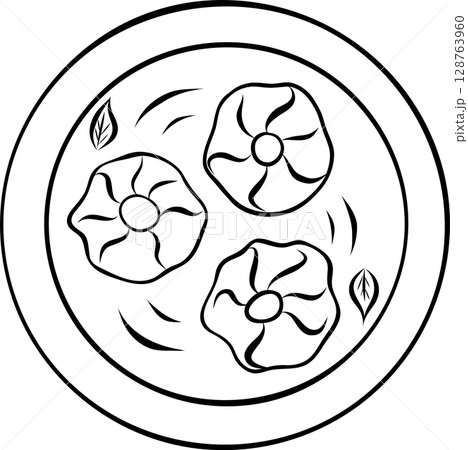 khinkali on a plate in sauce, national Georgian cuisine, simple vector black and white hand-drawn icons 128763960