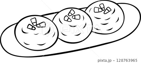 simple vector icon of phali decorated with pomegranate seeds, Georgian national cuisine, black and white hand-drawn icons 128763965