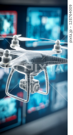 ワイヤーフレームで描く未来型ドローン ― サイバーコピースペース背景 ワイヤーフレームで描く未来型ドローン ― サイバーコピースペース背景 128764009