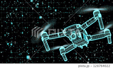デジタルグリッドを飛ぶワイヤーフレームUAV ― テクノロジーバナー用 128764022