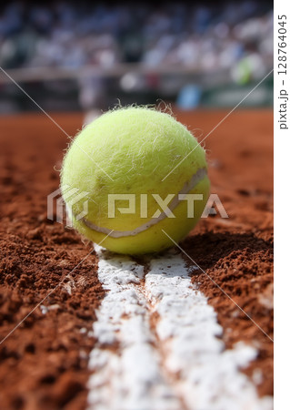 白線ギリギリ！クレーコートに弾むテニスボールの決定的瞬間 128764045