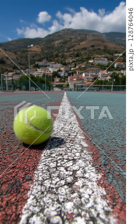 白線ギリギリ！クレーコートに弾むテニスボールの決定的瞬間 128764046