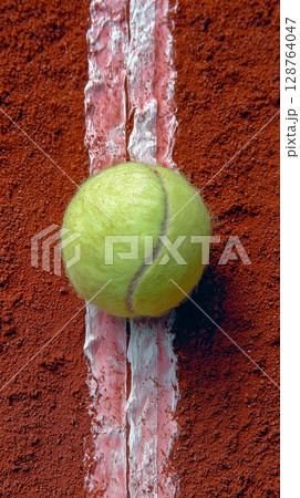 白線ギリギリ！クレーコートに弾むテニスボールの決定的瞬間 128764047