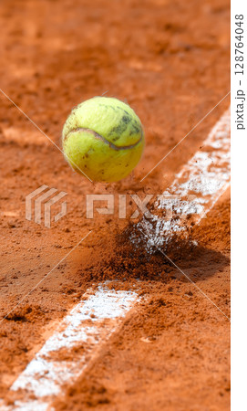 白線ギリギリ！クレーコートに弾むテニスボールの決定的瞬間 128764048