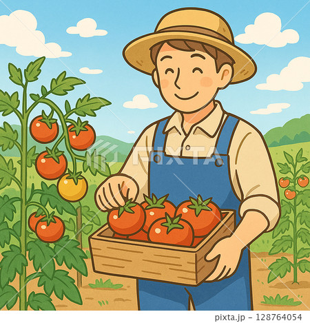 トマトを収穫する農家の男性 128764054