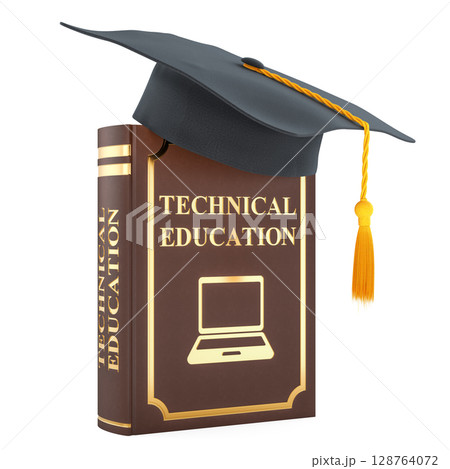 Technical education book with graduation cap. 3D rendering 128764072