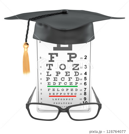 Vision test chart with graduation cap and glasses. 3D rendering 128764077