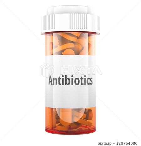 Antibiotics pill bottle. 3D rendering Antibiotics pill bottle. 3D rendering 128764080