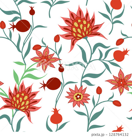 Vector seamless pattern in folk style with flowers and pomegranate fruits. Richly decorated ornament. Vector seamless pattern in folk style with flowers and pomegranate fruits. Richly decorated ornament. 128764132