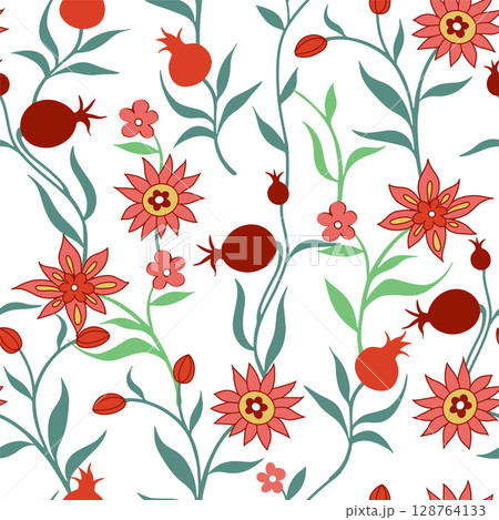 Vector seamless pattern in folk style with flowers and pomegranate fruits. Richly decorated ornament. 128764133