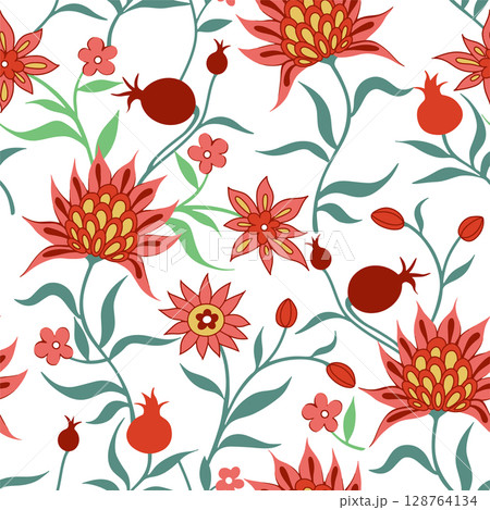 Vector seamless pattern in folk style with flowers and pomegranate fruits. Richly decorated ornament. 128764134