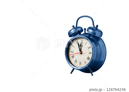 retro clock, watch, pointer clock, Blue color alarm clock on isolated white background 128764236