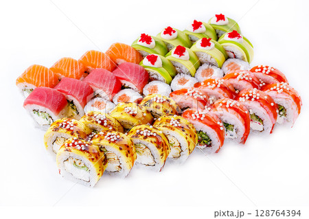 Vibrant Deluxe Assorted Rainbow Topped Sushi Roll Platter 128764394