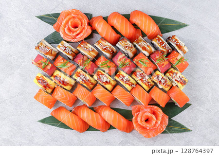 Premium Assorted Salmon Nigiri And Specialty Sushi Roll Platter Premium Assorted Salmon Nigiri And Specialty Sushi Roll Platter 128764397