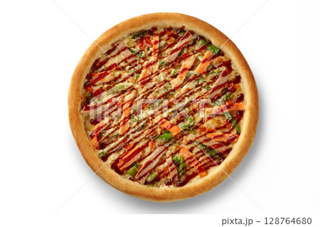 Delicious pizza with salmon, asparagus and teriyaki sauce isolated on white background Delicious pizza with salmon, asparagus and teriyaki sauce isolated on white background 128764680