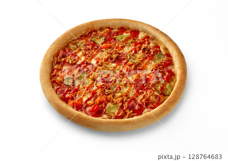 Round pizza with salami, pickled cucumber, crispy fried onions and ketchup on a white background Round pizza with salami, pickled cucumber, crispy fried onions and ketchup on a white background 128764683