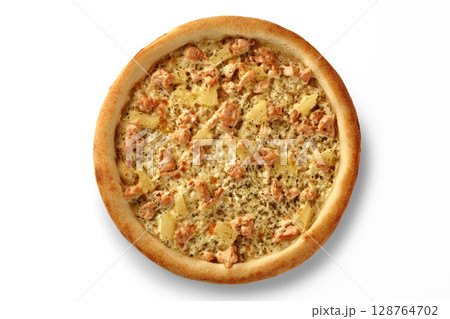 Delicious hawaiian pizza with salmon and pineapple on white background 128764702