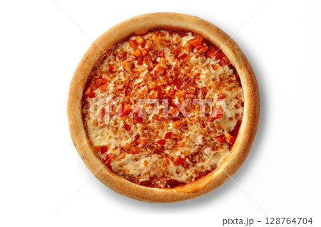 Delicious pizza with melted cheese and diced tomatoes on white background 128764704