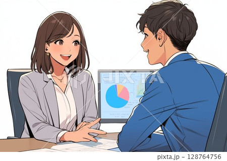 打ち合わせするスーツのビジネスパーソン男女_イラスト3 128764756