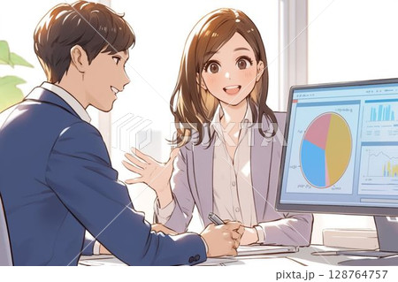 打ち合わせするスーツのビジネスパーソン男女_イラスト4 打ち合わせするスーツのビジネスパーソン男女_イラスト4 128764757