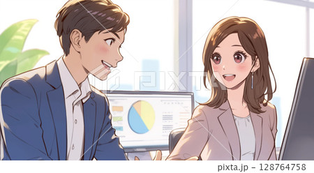 打ち合わせするスーツのビジネスパーソン男女_イラスト2 128764758