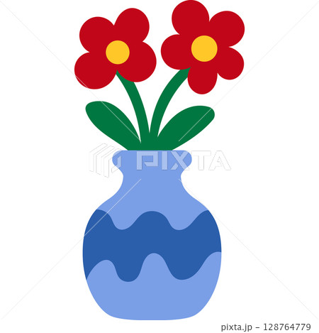 Cartoon blue vase with wavy pattern and red flowers flat floral illustration 128764779