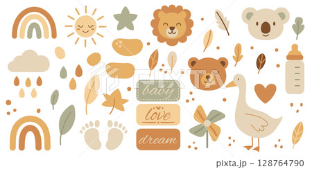 Cute boho baby animals and nursery elements with lion rainbow and pacifier in pastel tones Cute boho baby animals and nursery elements with lion rainbow and pacifier in pastel tones 128764790