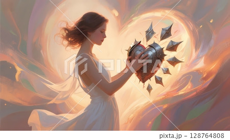心の鎧を一つずつ手放そうとする女性のイラスト 心理・スピリチュアル系イラスト 心の鎧を一つずつ手放そうとする女性のイラスト 心理・スピリチュアル系イラスト 128764808