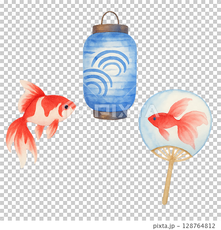 金魚、藍燈籠和風扇套裝（PNG 剪紙） 128764812