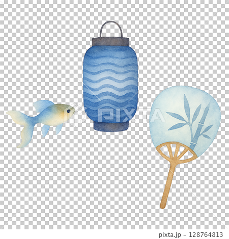 Goldfish, blue lantern and bamboo fan set (PNG cutout) 128764813