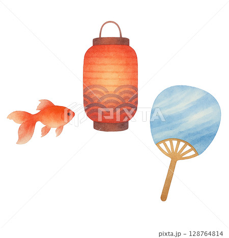 金魚と赤い提灯とうちわセット（PNG切り抜き） 128764814