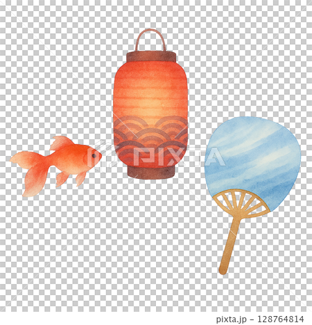 金魚と赤い提灯とうちわセット（PNG切り抜き） 128764814