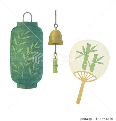 竹柄の提灯とうちわと風鈴セット(PNG切り抜き) 竹柄の提灯とうちわと風鈴セット(PNG切り抜き) 128764816