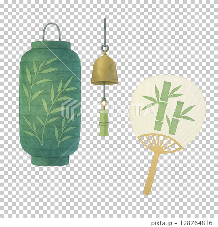 竹柄の提灯とうちわと風鈴セット(PNG切り抜き) 竹柄の提灯とうちわと風鈴セット(PNG切り抜き) 128764816