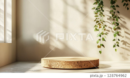 Minimalistic wooden round podium with hanging tropical plant on the wall. Perfect for displaying eco products, summer branding or healthy lifestyle concepts. 128764962