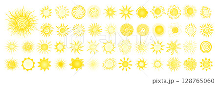 Large set of yellow suns. The sun objects are beautiful hand drawn. Not AI, Vector illustration Large set of yellow suns. The sun objects are beautiful hand drawn. Not AI, Vector illustration 128765060