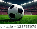Close-up of a football soccer ball on a green field in a stadium. Football game background, sports concept, championship, match preparation. Picture generated by AI 128765079