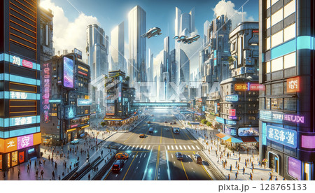 空飛ぶ車と高層ビルが立ち並ぶ近未来都市のイラスト 空飛ぶ車と高層ビルが立ち並ぶ近未来都市のイラスト 128765133