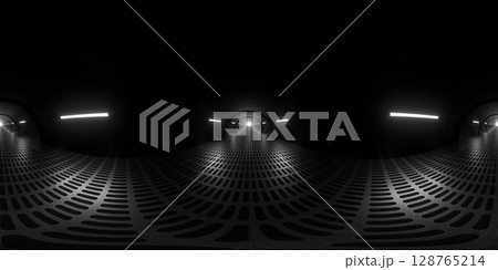 Futuristic Dark Tunnel with Illuminated Patterns 360 vr panorama 128765214