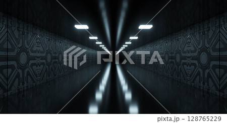 Futuristic Dark Corridor with Reflective Floor 128765229